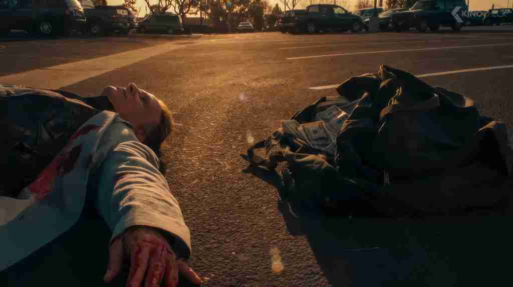 Drive beat sheet Act Three final confrontation: Bernie Rose (Albert Brooks) lies dead in the parking lot with blood and spilled money bag after the stabbing exchange with Driver