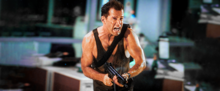 John McClane in bloodied tank top gripping MP5 machine gun running from Hans Gruber’s goons in Nakatomi Plaza after Hans reveals himself in Die Hard (1988) – key escape moment from the Die Hard beat sheet