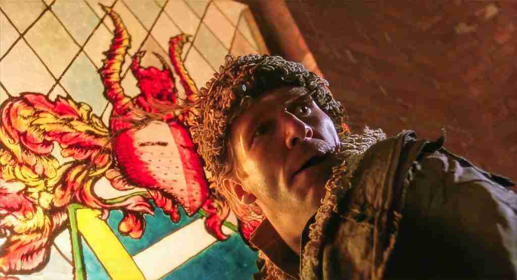 Jeff Bridges as Jack Lucas in The Fisher King (1991), dressed in Parry’s ragged clothing before a stained-glass Red Knight devil during the Carmichael townhouse heist scene – key moment from the Fisher King beat sheet showing his embrace of madness to heal his friend.