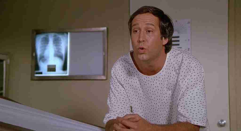Fletch beat sheet – Chevy Chase as Irwin Fletcher shirtless in doctor's exam room during "Babar" disguise and prostate exam scene with Dr. Dolen 1985 movie, Act I