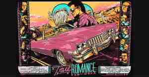 True Romance poster by Matt Ryan featuring Christian Slater as Clarence Worley and Patricia Arquette as Alabama Whitman in a pink car.