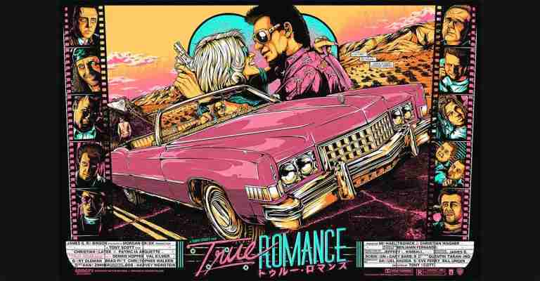 True Romance poster by Matt Ryan featuring Christian Slater as Clarence Worley and Patricia Arquette as Alabama Whitman in a pink car.