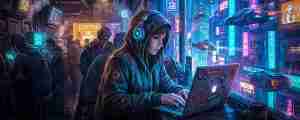 A young woman writing a sci-fi blockbuster on her laptop in a futuristic, neon-lit coffee shop, illustrating the potential of the Critterz AI production workflow.