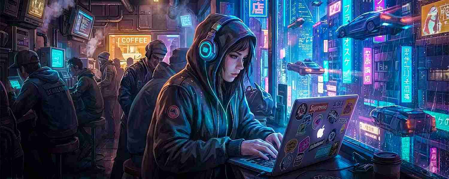 A young woman writing a sci-fi blockbuster on her laptop in a futuristic, neon-lit coffee shop, illustrating the potential of the Critterz AI production workflow.
