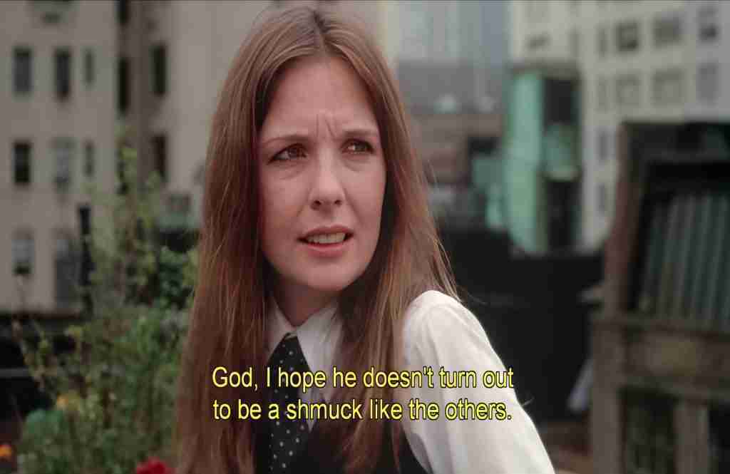 Annie Hall mental subtitles rooftop balcony Woody Allen Diane Keaton hidden thoughts awkward flirtation 1977 scene