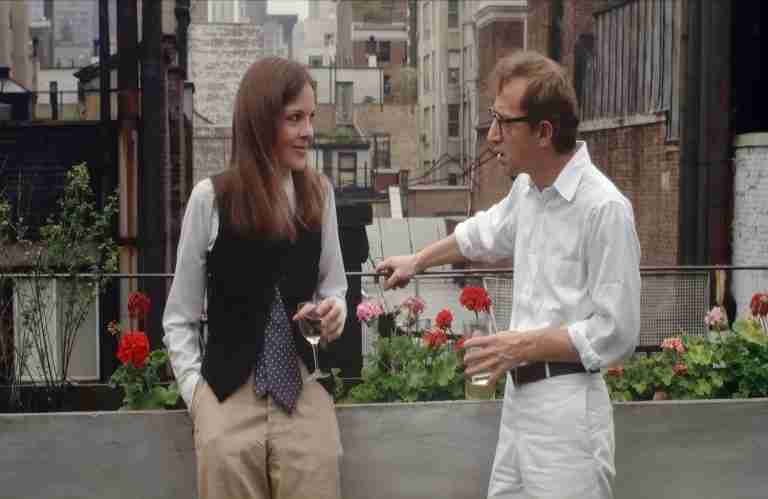 Annie Hall rooftop balcony Woody Allen Diane Keaton Alvy Singer asks "What are you doing Saturday night?" drinks New York skyline 1977 film scene