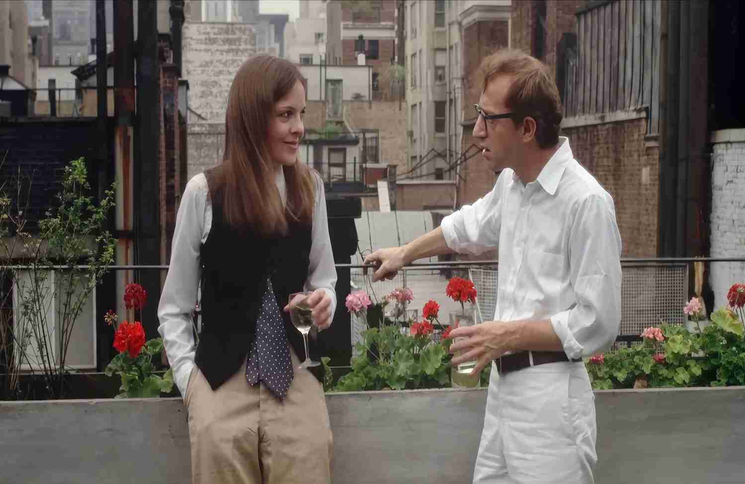 Annie Hall rooftop balcony Woody Allen Diane Keaton Alvy Singer asks "What are you doing Saturday night?" drinks New York skyline 1977 film scene