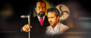 Angel Heart analysis and beat sheet — Robert De Niro as Louis Cyphre with silver-topped cane looms behind Mickey Rourke as Harry Angel, with the ceiling fan death motif visible, from the 1987 film poster