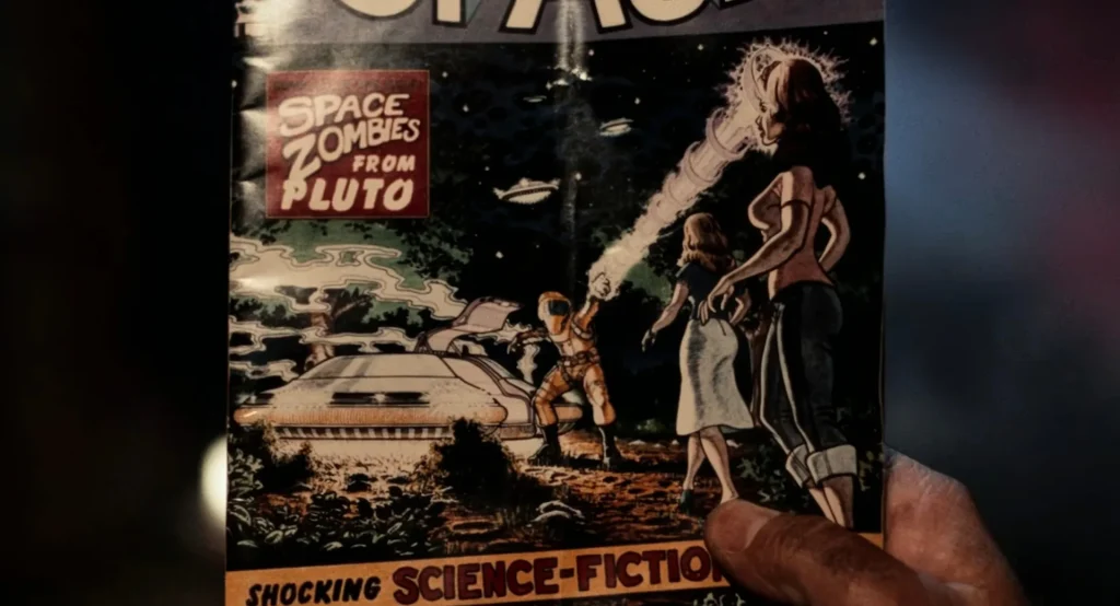 Comic book cover showing a figure in a yellow radiation suit emerging from a DeLorean-shaped craft, setups and payoffs in Back to the Future