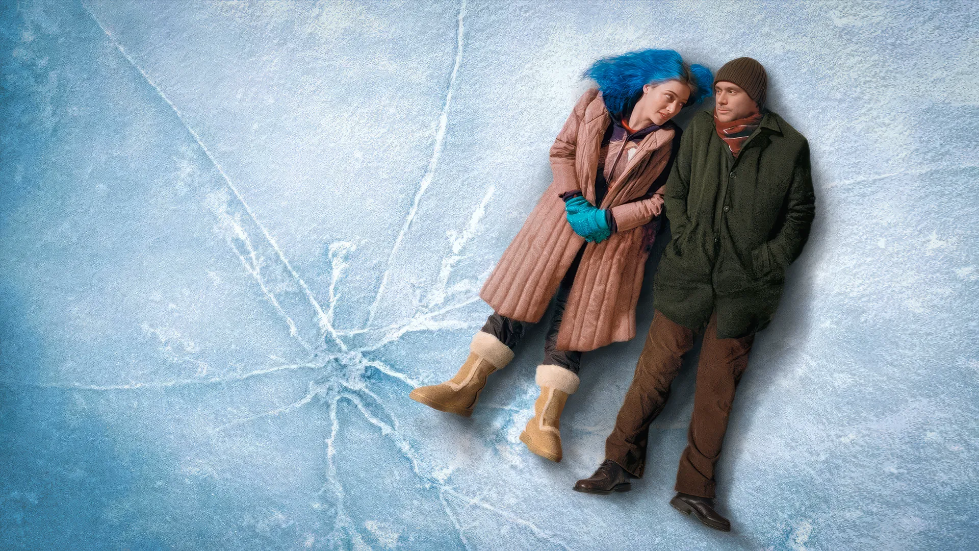 Joel and Clementine lie side by side on cracked blue ice in Eternal Sunshine of the Spotless Mind