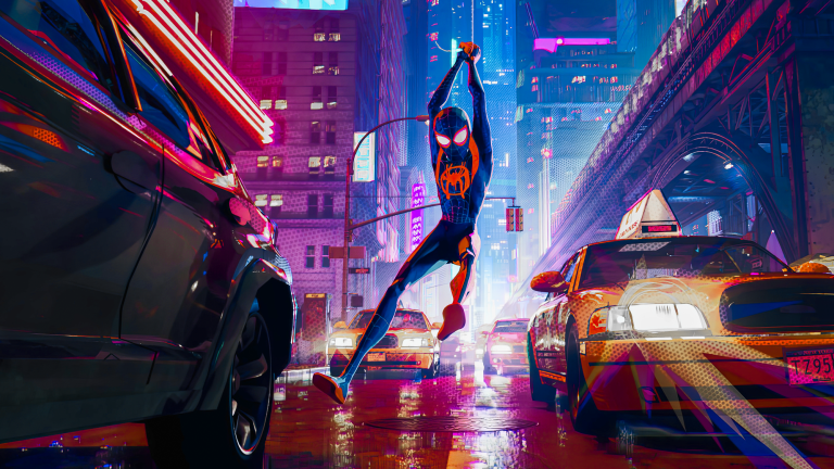 Miles Morales as Spider-Man swinging through a neon-lit Manhattan street between yellow cabs in Spider-Man: Into the Spider-Verse