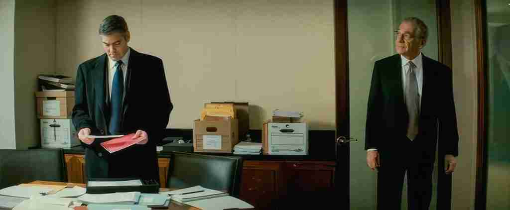 Michael Clayton comparing the confidential Memorandum #229 documents with the $80,000 retained fee (check).