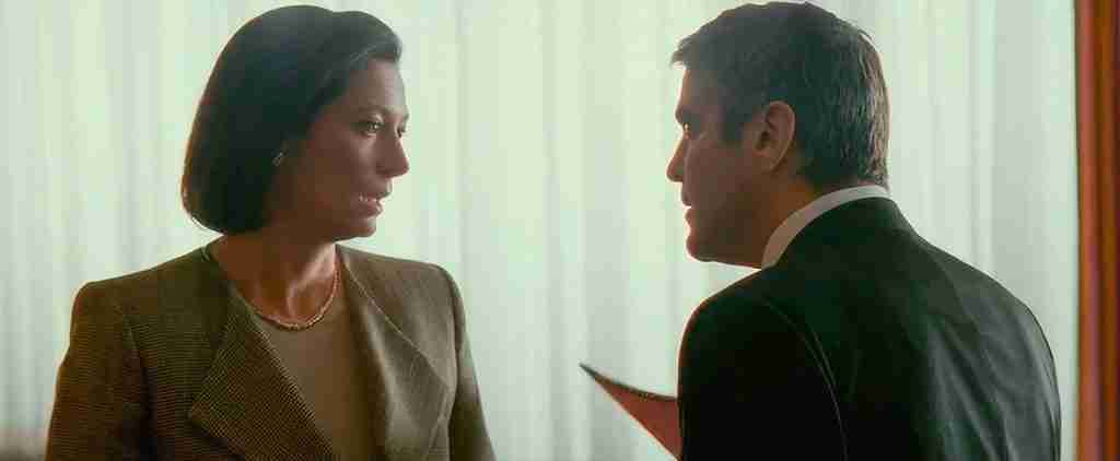 Michael Clayton confronting antagonist Karen Crowder in the final climax scene with the hidden wire.