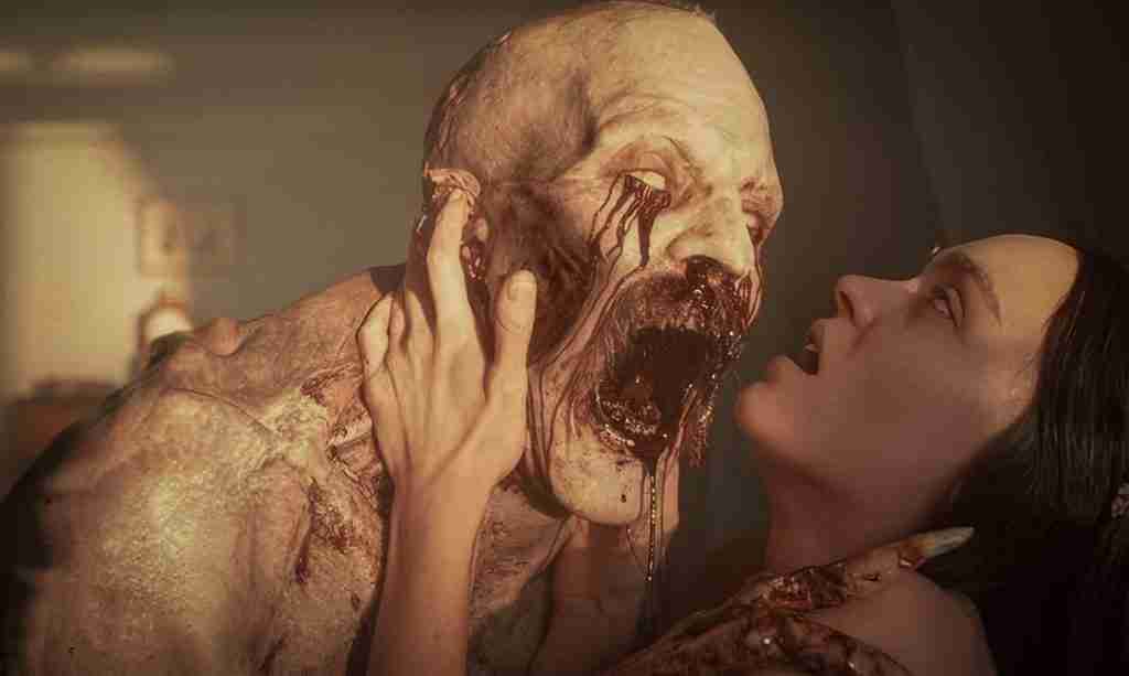 The monstrous Count Orlok is latched onto Ellen Hutter's breast as she clutches his head during the final, terrifying moment of the climax.