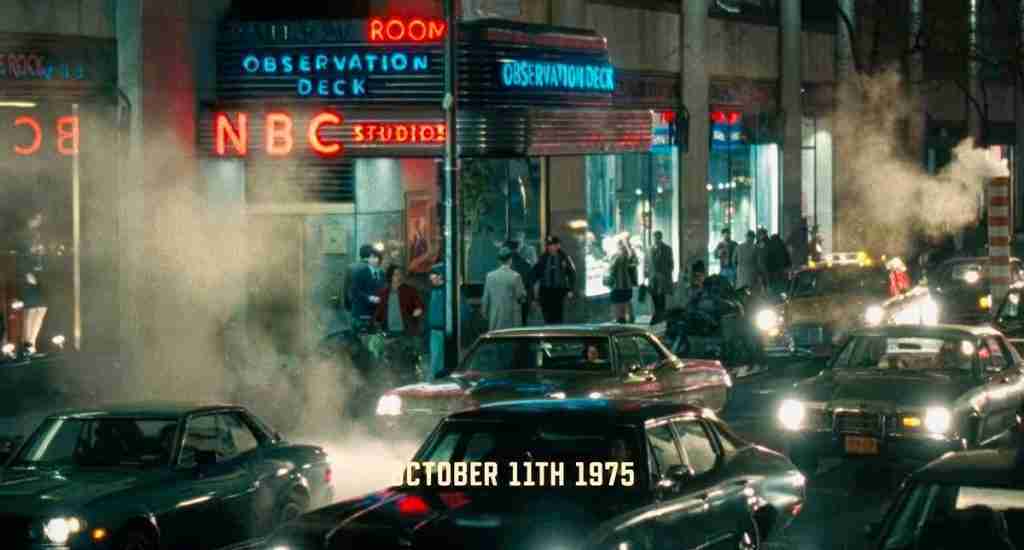 October 11th 1975 establishing shot of 50th Street, visualizing the gritty New York setting for the Saturday Night 2024 Beat Sheet Setup.