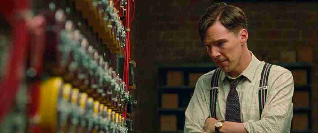 Alan Turing intensely observing the complex wiring of the Enigma-breaking machine, embodying his singular focus and genius.