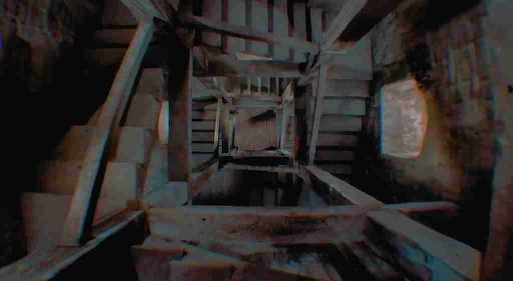 Vertigo Beat Sheet: Dizzying POV shot looking down the Mission bell tower stairs, illustrating Scottie's psychological collapse (All Is Lost).