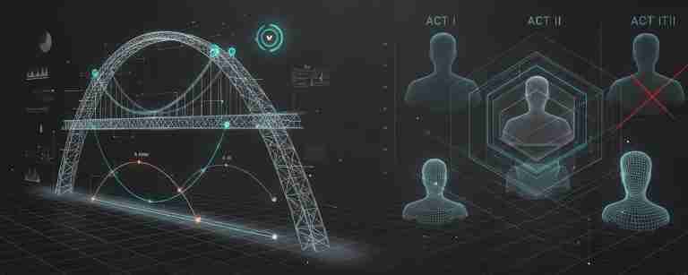 Blueprint visualization of a screenplay's three-act structure and character arc with precision data points.