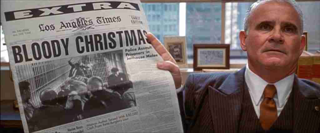 The Bloody Christmas newspaper headline, marking the debate beat in the L.A. Confidential beat sheet.