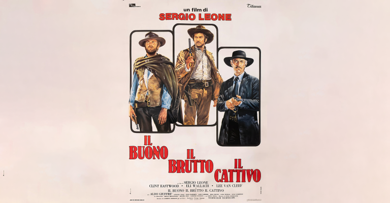An Italian movie poster for The Good, the Bad and the Ugly featuring Clint Eastwood, Eli Wallach, and Lee Van Cleef.