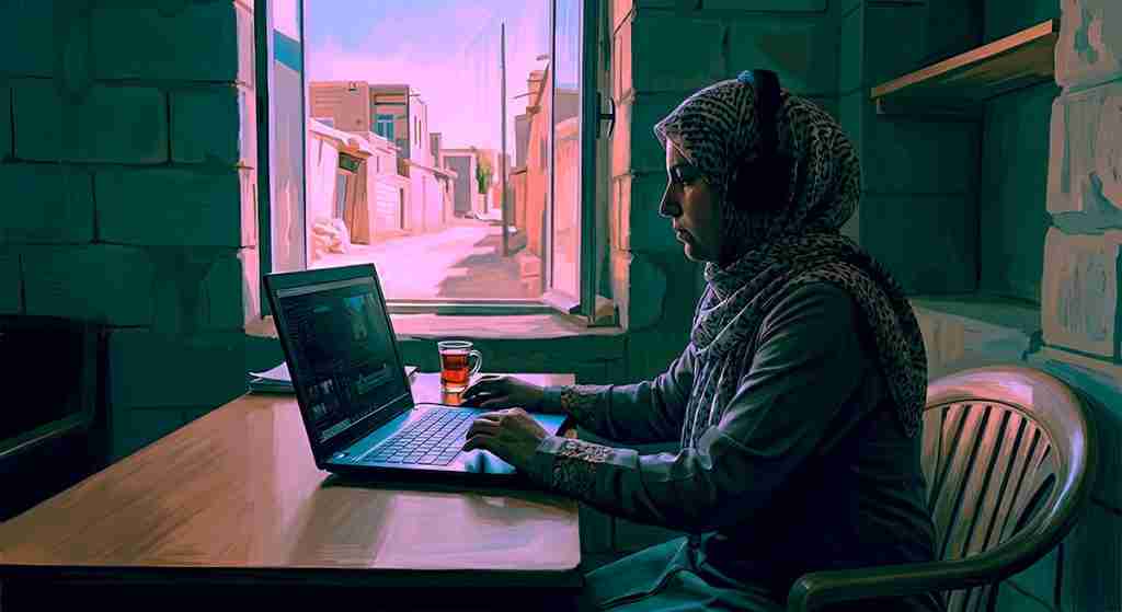 An oil painting in the style of Edward Hopper depicting a Muslim woman in a Middle Eastern apartment editing a film on multiple monitors, illustrating the AI revolution in filmmaking.