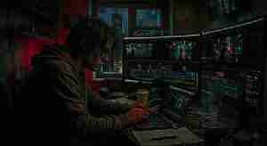 A young filmmaker in a hoodie with hair covering his face editing on multiple screens in a dark, gritty apartment, illustrating the AI revolution in filmmaking for the next generation.