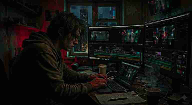 A young filmmaker in a hoodie with hair covering his face editing on multiple screens in a dark, gritty apartment, illustrating the AI revolution in filmmaking for the next generation.
