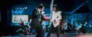 Vincent Vega and Mia Wallace dancing the twist at Jack Rabbit Slim's, representing the key scene analyzed in the Pulp Fiction screenplay PDF breakdown.