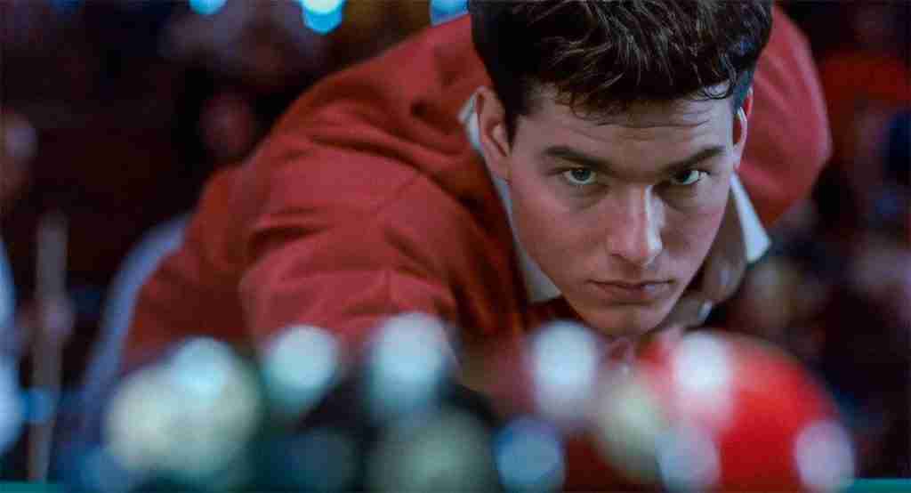 The Color of Money analysis image: Tom Cruise as Vincent Lauria leaning over pool table lining up a shot with intense focus