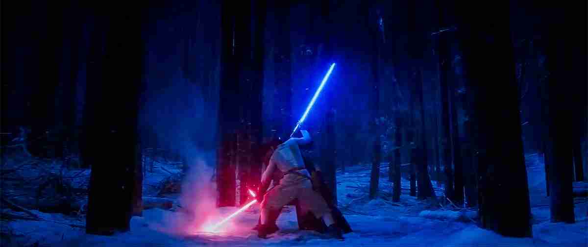 Rey and Kylo Ren clashing blue and red lightsabers in the snowy forest duel on Starkiller Base – The Force Awakens analysis featured image