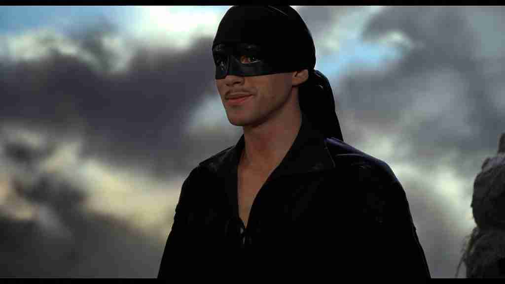 Dread Pirate Roberts (Westley) in black mask and stormy sky, ready for sword fight in The Princess Bride