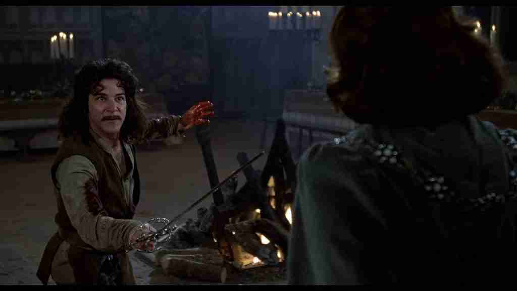 Inigo Montoya bloodied and victorious over Count Rugen, avenging his father in The Princess Bride