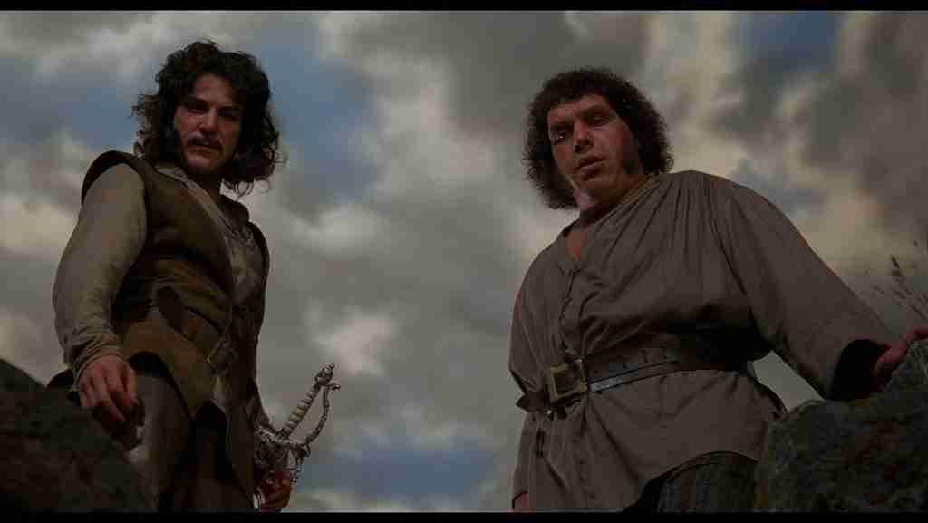 Inigo Montoya and Fezzik standing on cliffs, watching Dread Pirate Roberts climb in The Princess Bride
