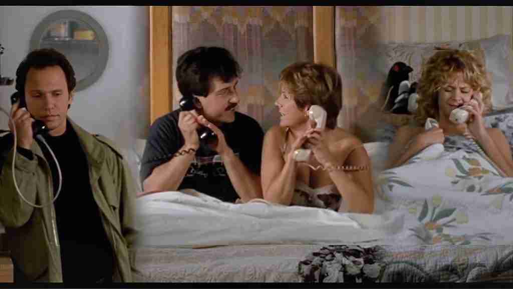 Split-screen from When Harry Met Sally showing Billy Crystal (Harry) on the phone, Bruno Kirby (Jess) and Carrie Fisher (Marie) in bed together, and Meg Ryan (Sally) in bed with a penguin, reacting to Jess and Marie's hookup.