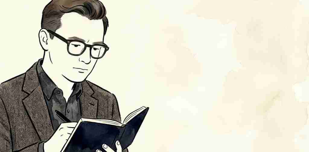 Wide watercolor illustration of William Robert Rich, Editor-in-Chief of ScreenplayHowTo.com. A man with glasses and a tweed jacket is depicted writing thoughtfully in a notebook against a textured cream background.