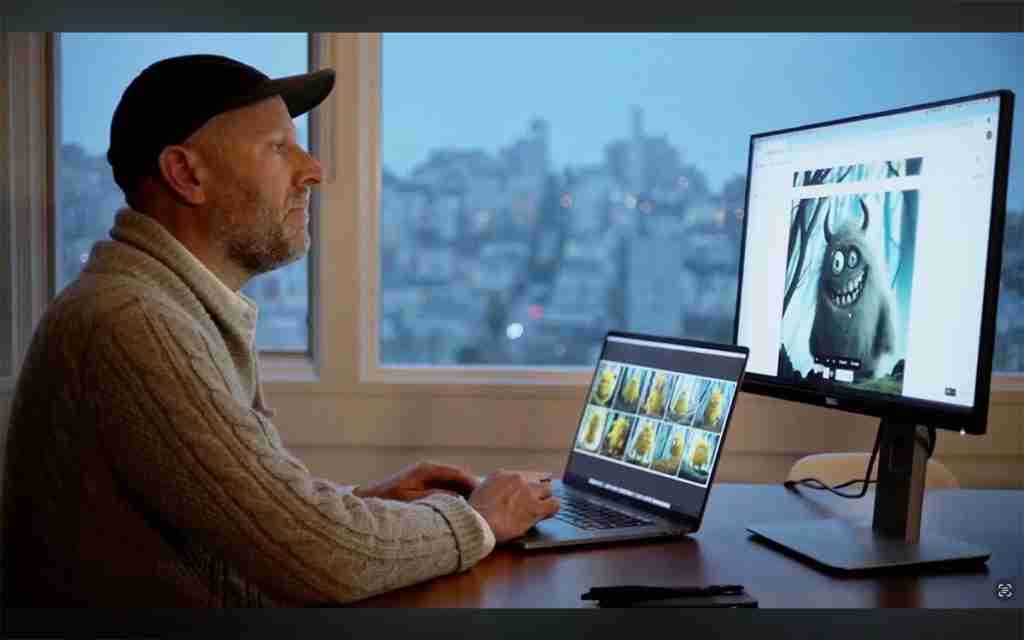 Chad Nelson sits at a desk reviewing a blue monster character design on a large monitor and a grid of yellow creature variations on a laptop screen for the Critterz AI animated feature.