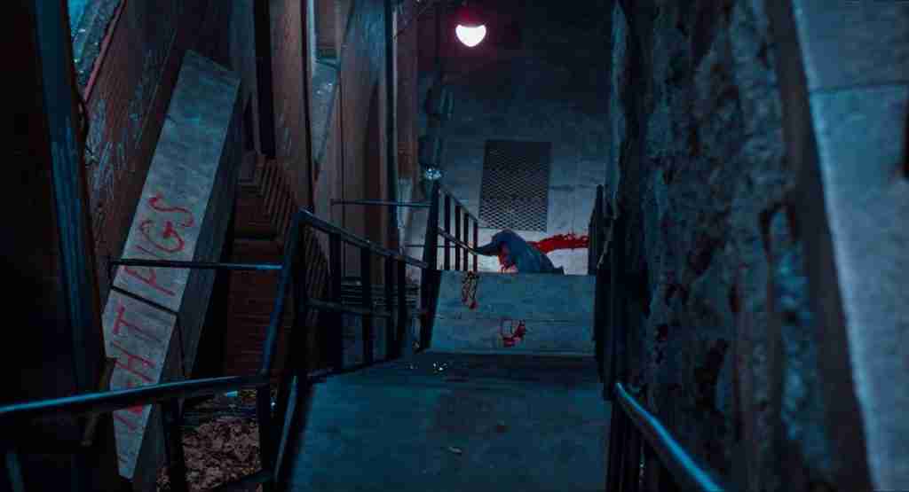 The Exorcist beat sheet finale: Father Karras crumpled at bottom of stairs after sacrificial suicide leap with blood trail