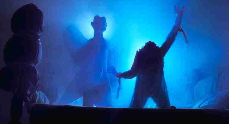 The Exorcist beat sheet: Pazuzu demon statue silhouette appearing in Regan's bedroom with blue mist and possessed Regan during exorcism