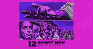 12 Angry Men analysis featured image: dramatic vintage poster showing switchblade hand and angry jurors in purple tones, symbolizing bias and justice tension