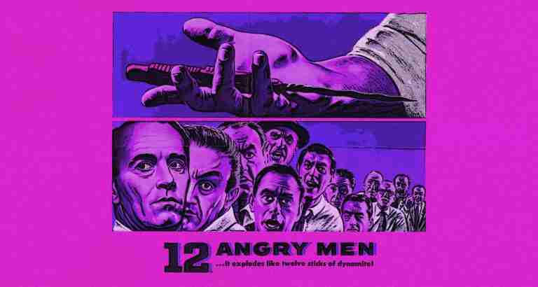 12 Angry Men analysis featured image: dramatic vintage poster showing switchblade hand and angry jurors in purple tones, symbolizing bias and justice tension