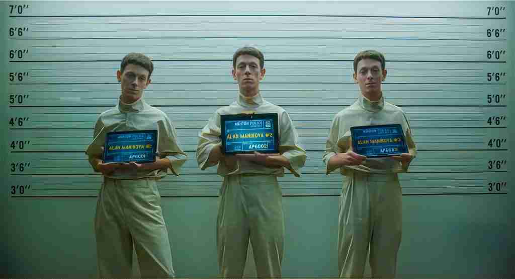 Mickey 17 analysis plot details image: Three identical Alan Manikova clones in mugshot lineup holding police tablets, height chart background, illustrating multiples ban backstory