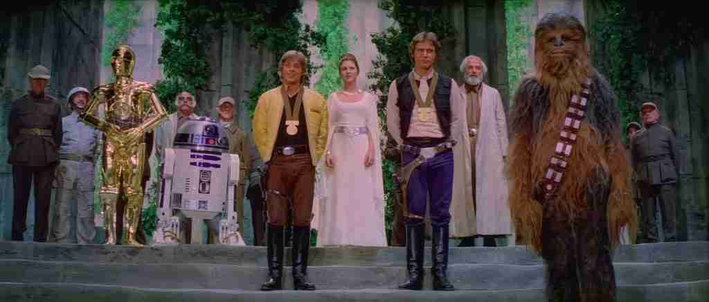 Star Wars 1977 screenplay analysis: Medal ceremony with Luke Skywalker, Han Solo, Princess Leia, Chewbacca, and heroes in A New Hope finale