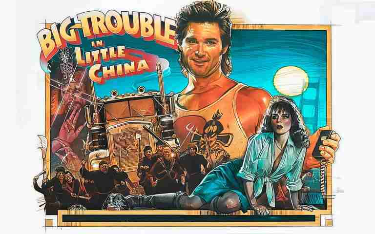 Drew Struzan poster art for Big Trouble in Little China showing Jack Burton with truck, Gracie Law, Three Storms, Lo Pan, and Chinatown gang battle