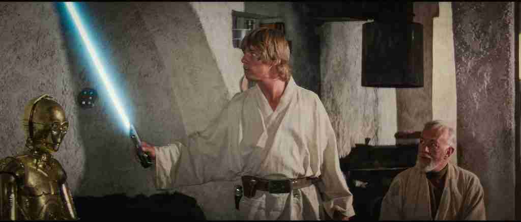 Star Wars 1977 screenplay analysis: Luke Skywalker receives his father's lightsaber from Obi-Wan Kenobi in A New Hope, introducing the Force and Jedi legacy