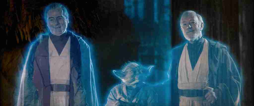 Original Force ghosts Anakin Sebastian Shaw Yoda Obi-Wan in Return of the Jedi finale celebration scene