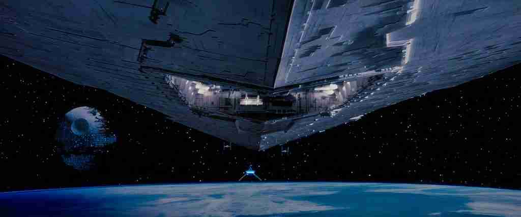 Darth Vader Lambda shuttle approaching massive incomplete second Death Star in Return of the Jedi opening scene