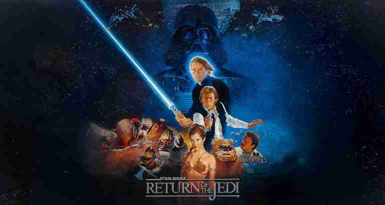 Return of the Jedi analysis classic theatrical poster featuring Luke Skywalker Darth Vader and cast