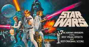 Star Wars 1977 screenplay analysis: Original 1977 theatrical Style A poster for A New Hope featuring Luke Skywalker, Darth Vader, and the Death Star
