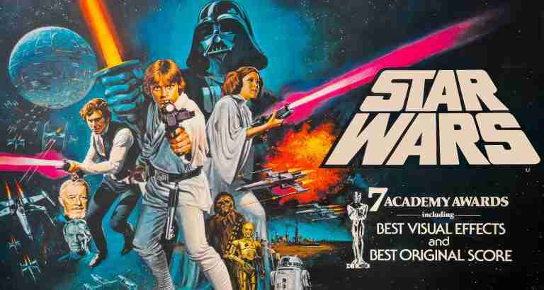 Star Wars 1977 screenplay analysis: Original 1977 theatrical Style A poster for A New Hope featuring Luke Skywalker, Darth Vader, and the Death Star