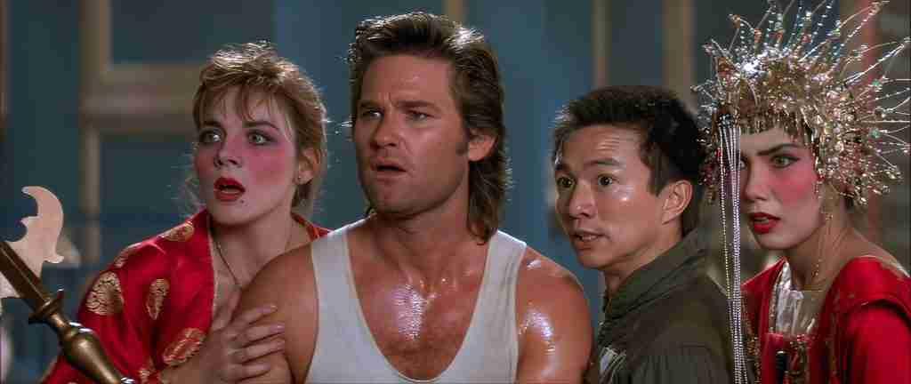 Jack Burton, Wang Chi, Gracie Law, and Miao Yin reacting as Thunder inflates after Lo Pan's death in Big Trouble in Little China analysis